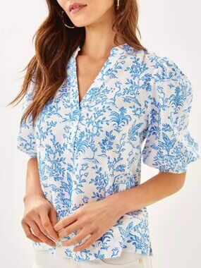 NWOT Lilly Pulitzer Mialeigh Elbow Sleeve Linen Top Resort White Tall Tales 4